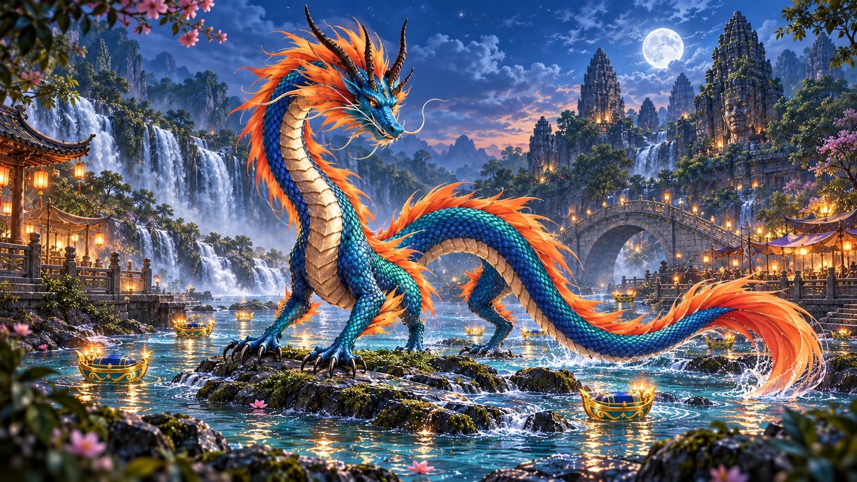 Blue Water Dragon among temple waterfalls and floating lanterns