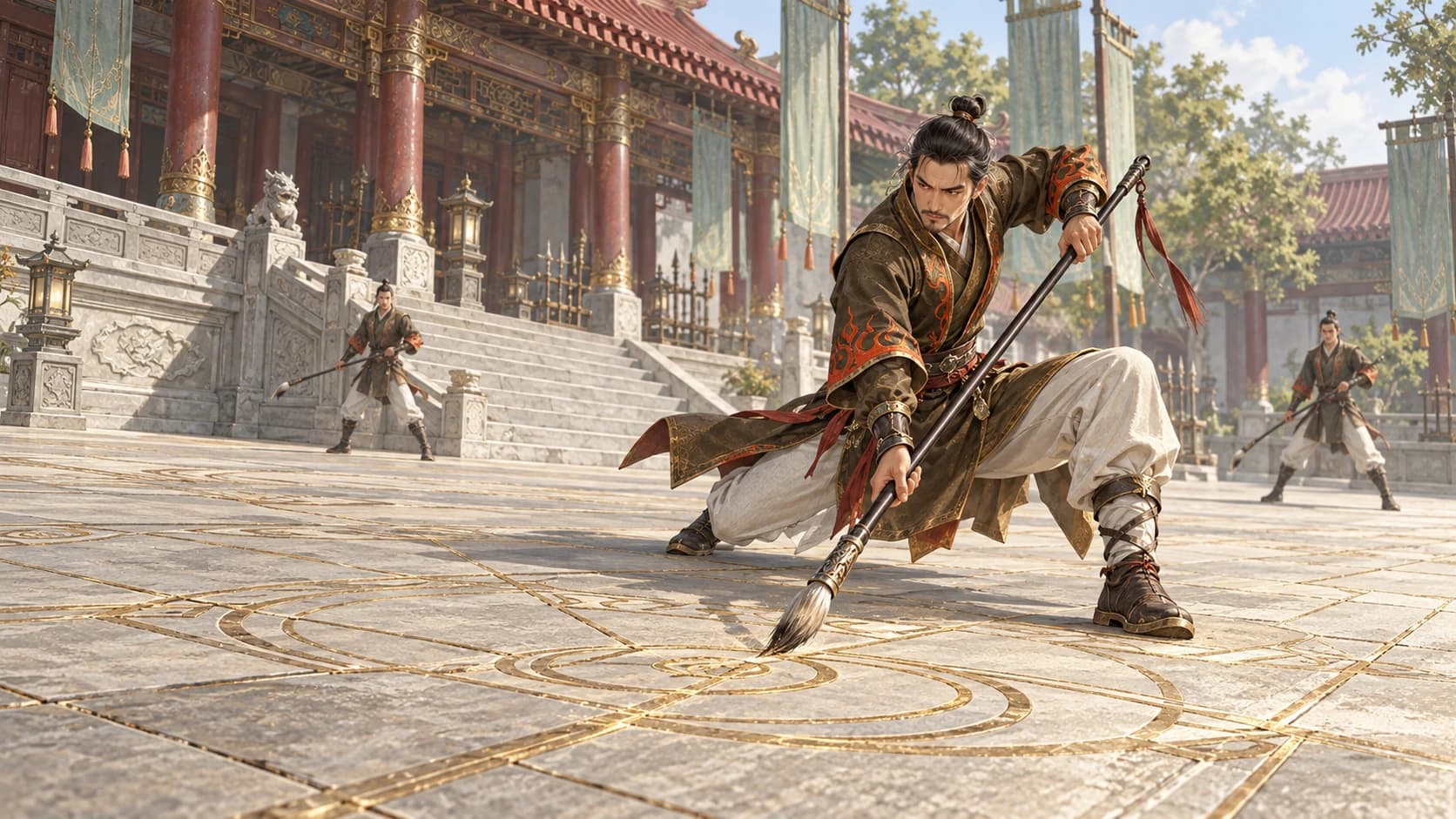 Ming Brush master drawing a Formation across the Ming Cult courtyard
