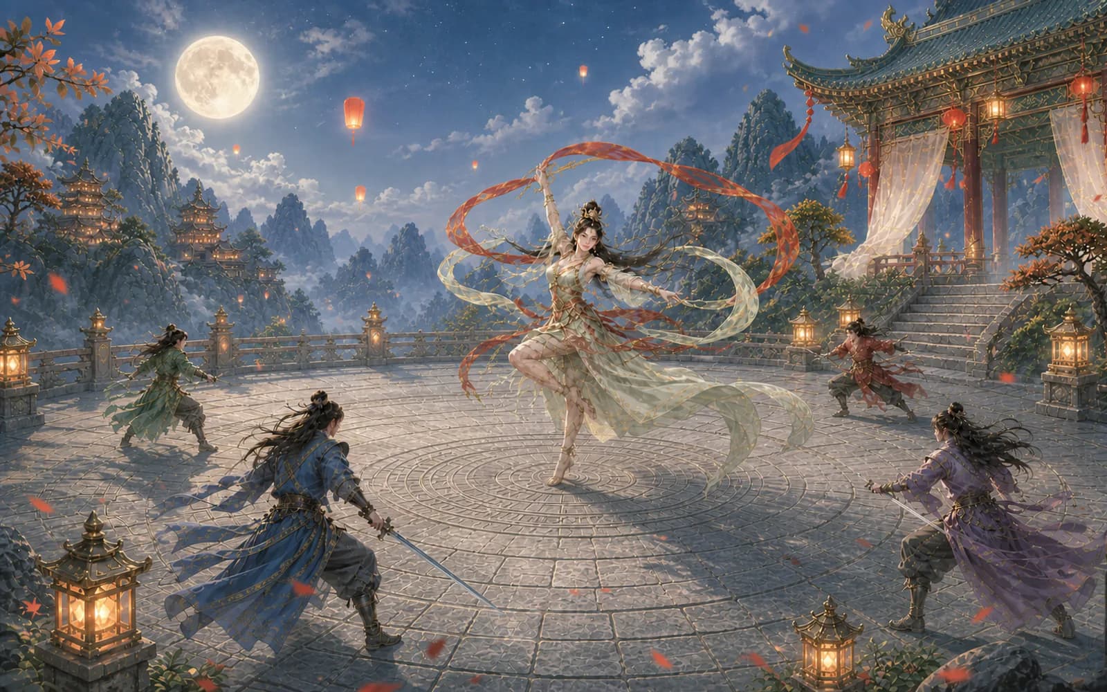 អ្នកលេង JX2 Royal ប្រយុទ្ធជុំវិញ Moon Festival Dancer នៅទីលានវាំងក្រោមពន្លឺគោម