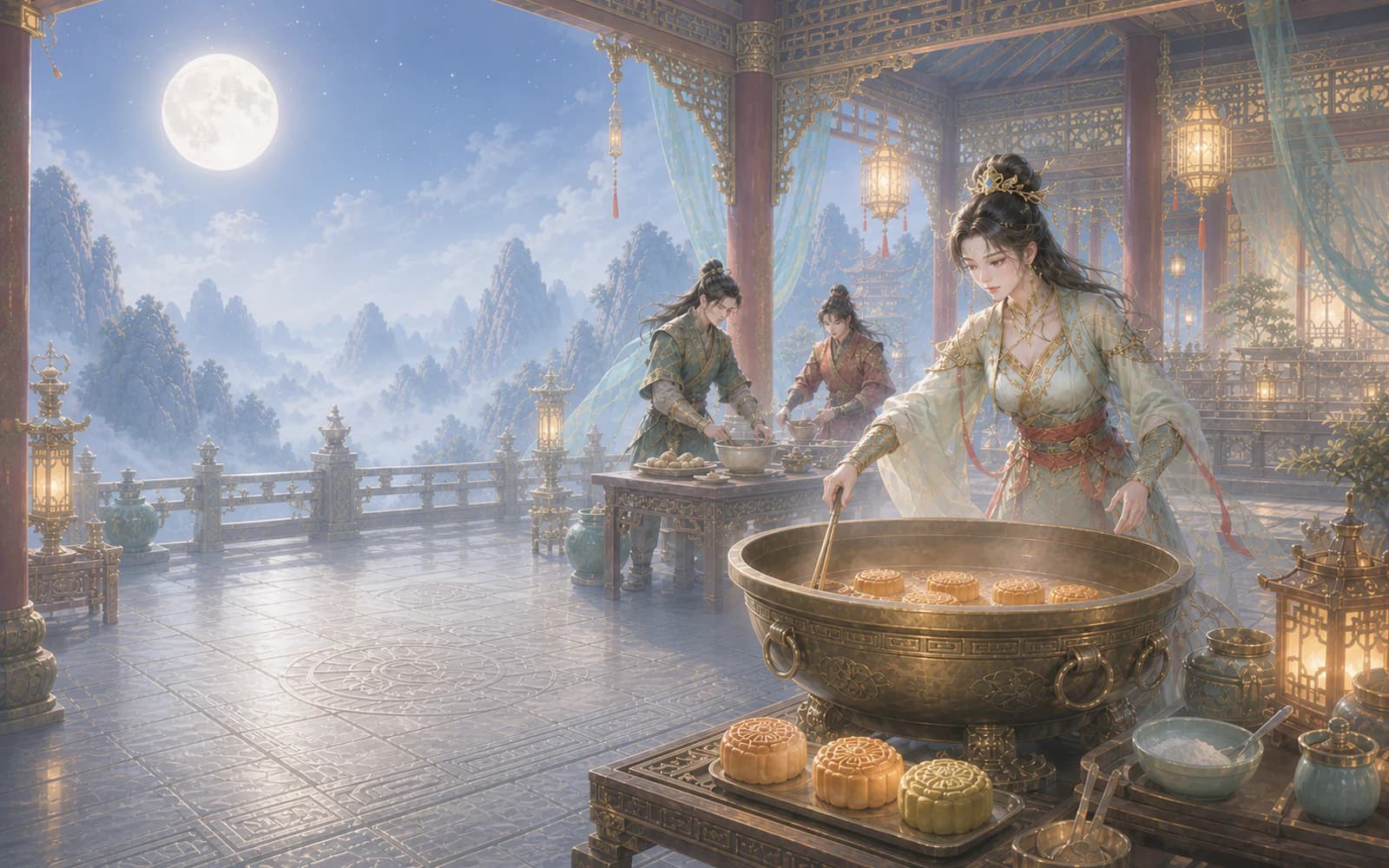 JX2 Royal heroes bake Mooncakes beside a bronze festival oven beneath the harvest moon