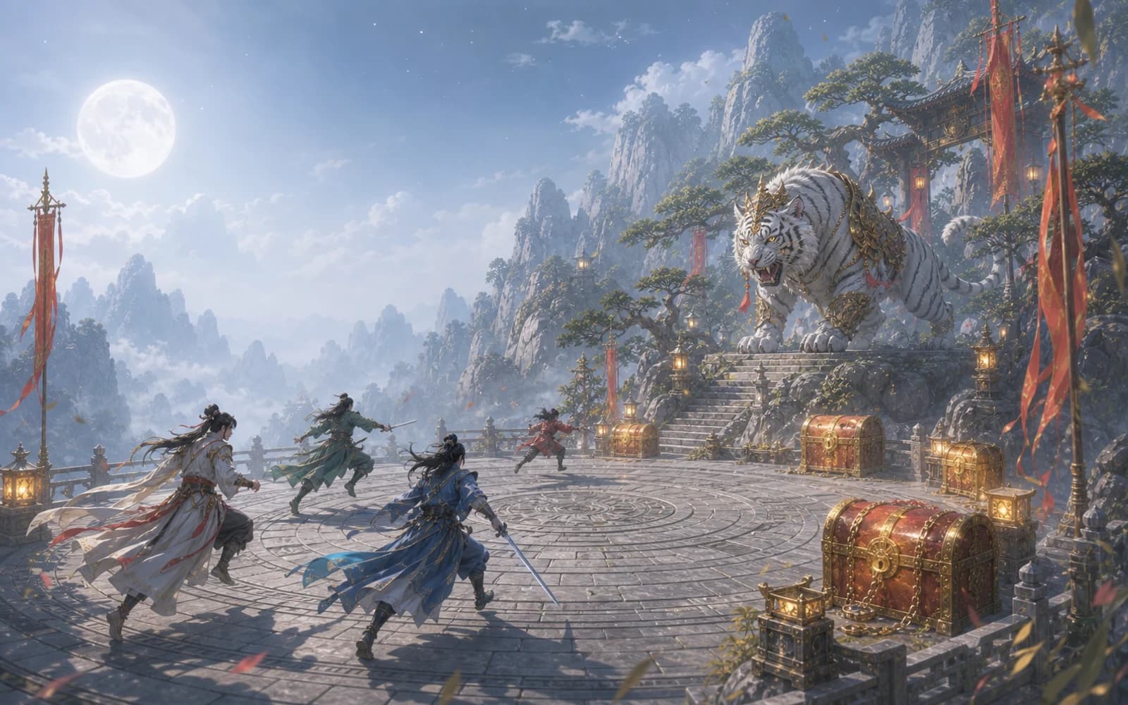 Heroes challenge the Hua Mountain Tiger King on the moonlit Mount HuaShan summit