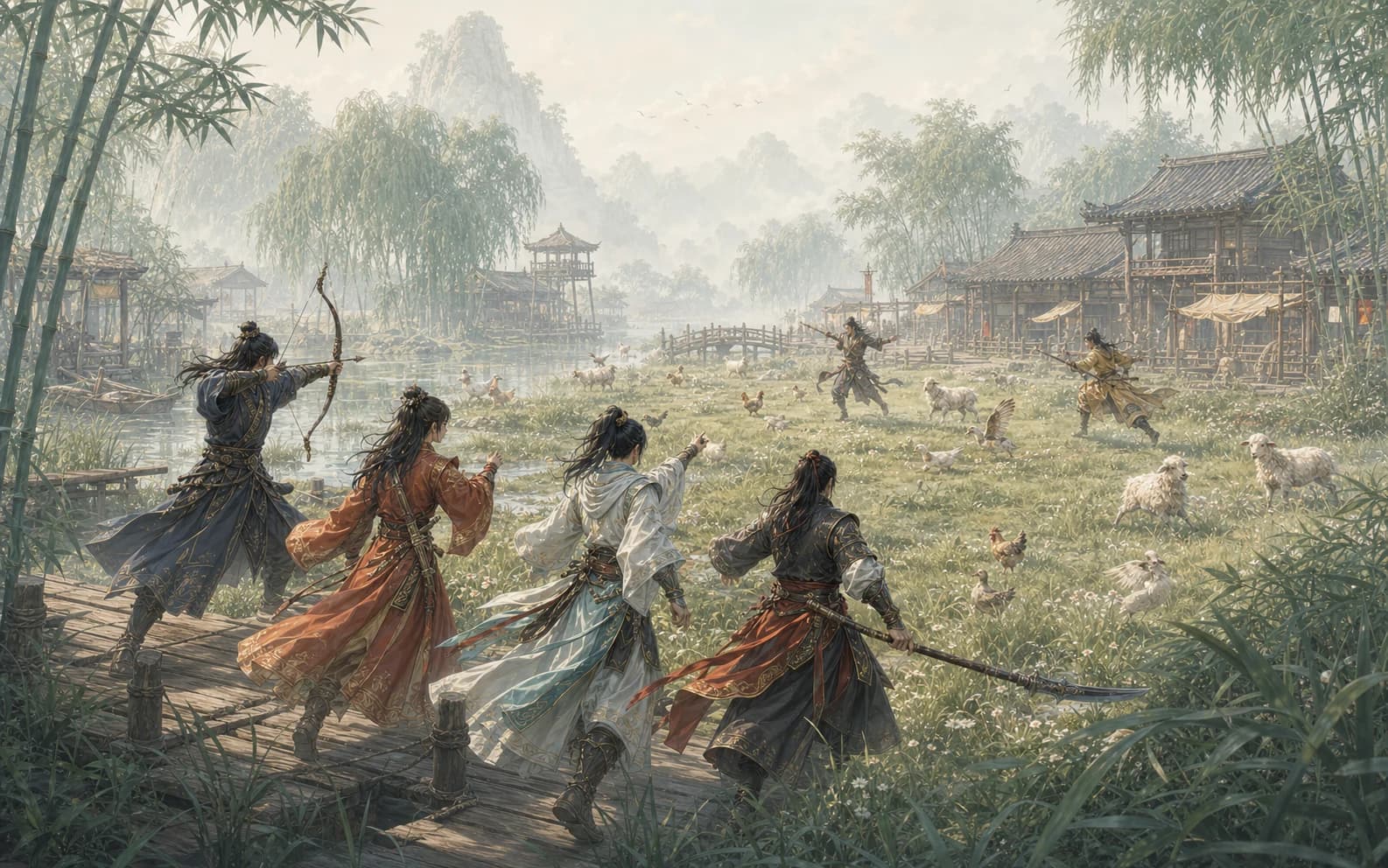 A Liangshan party competing against two rivals in the Horse Racing Street hunting contest