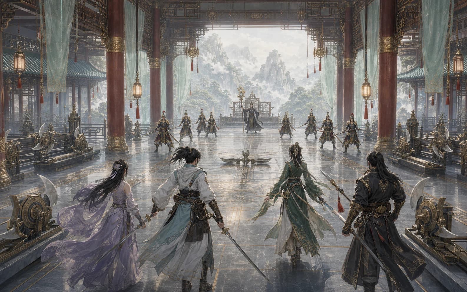 Heroes enter the guarded halls of Mysterious Palace