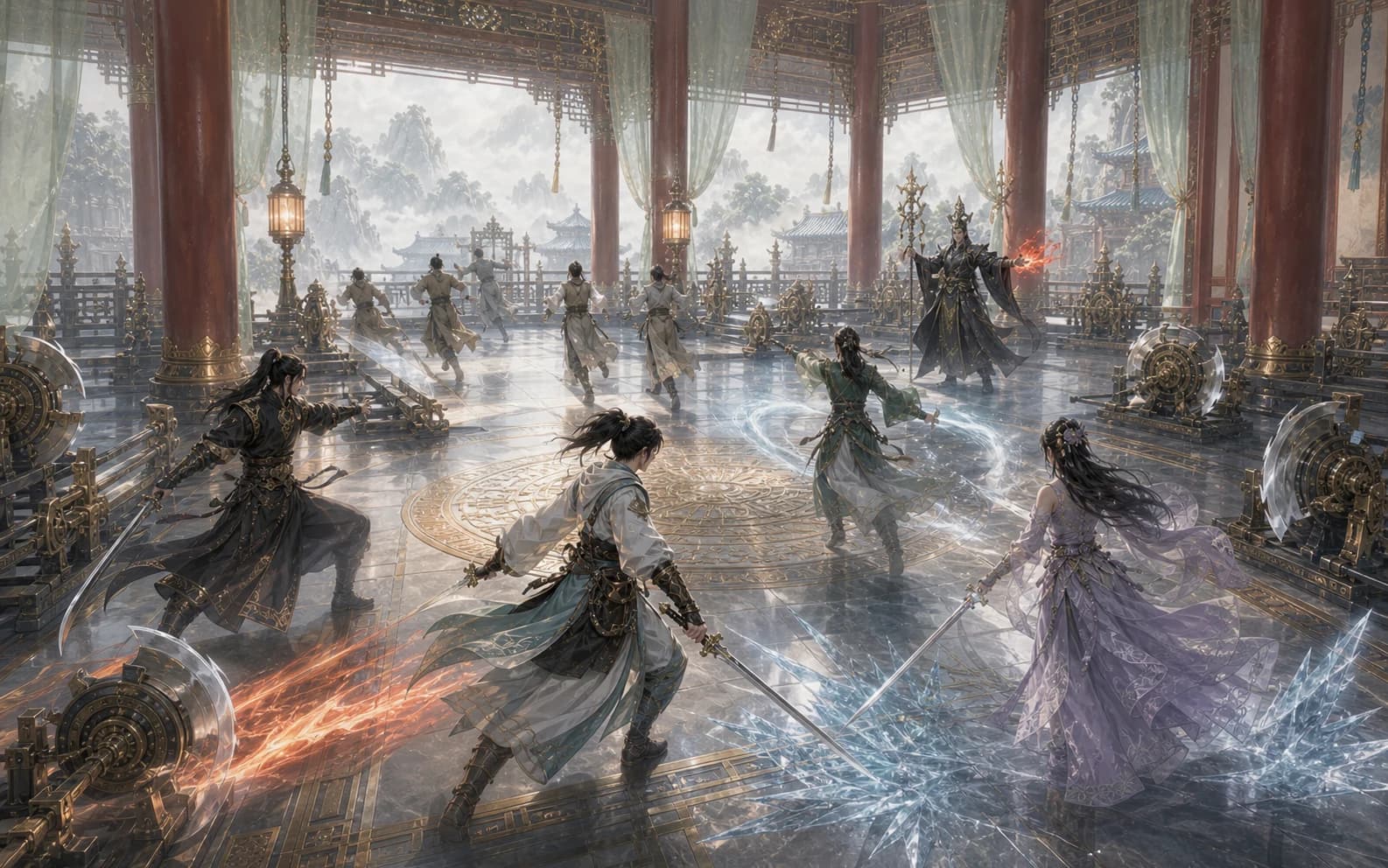 Four heroes protecting escaping Wulin fighters from the Tianyin Jailer and palace blade mechanisms