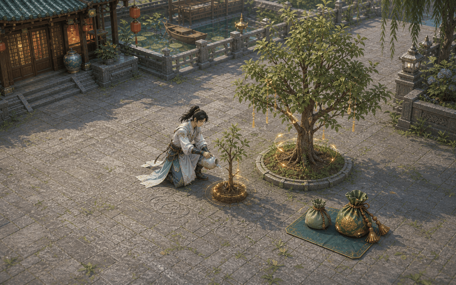 A JX2 Royal hero watering Small Prajna and Prajna trees