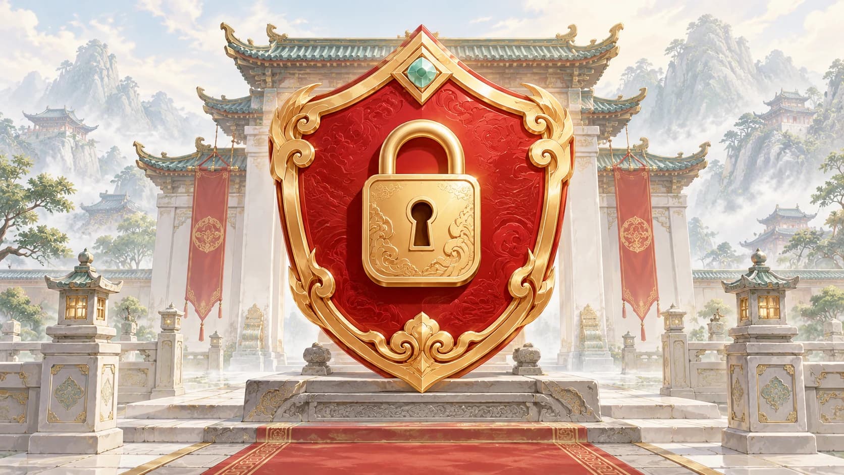 A royal red and gold security shield with a closed lock